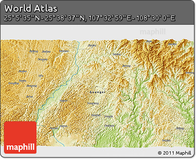 Physical 3D Map of the Area around 25° 22' 6" N, 108° 1' 30" E