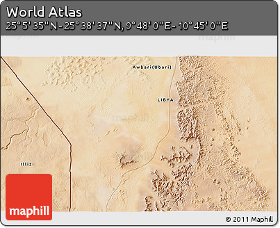 Satellite 3D Map of the Area around 25° 22' 6" N, 10° 16' 30" E
