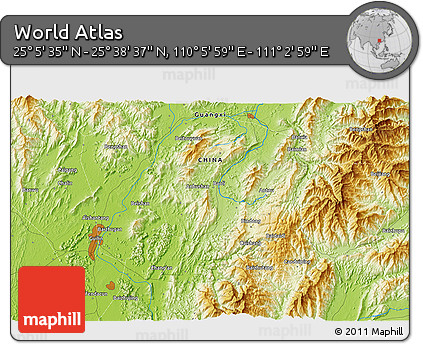 Physical 3D Map of the Area around 25° 22' 6" N, 110° 34' 29" E