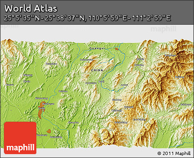 Physical 3D Map of the Area around 25° 22' 6" N, 110° 34' 29" E
