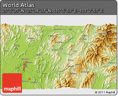 Physical 3D Map of the Area around 25° 22' 6" N, 110° 34' 29" E