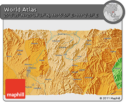 Political 3D Map of the Area around 25° 22' 6" N, 110° 34' 29" E