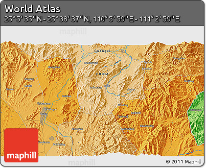 Political 3D Map of the Area around 25° 22' 6" N, 110° 34' 29" E