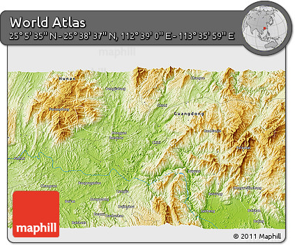 Physical 3D Map of the Area around 25° 22' 6" N, 113° 7' 30" E