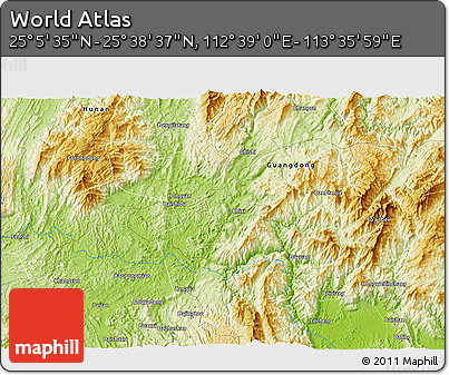 Physical 3D Map of the Area around 25° 22' 6" N, 113° 7' 30" E