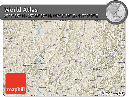Shaded Relief Map of the Area around 25° 22' 6" N, 116° 31' 30" E