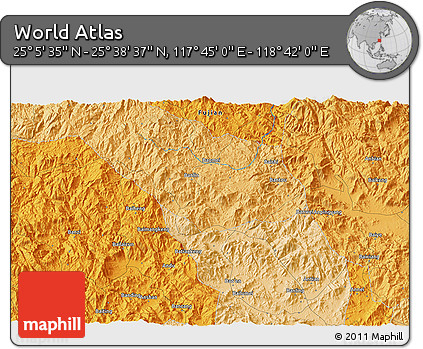 Political 3D Map of the Area around 25° 22' 6" N, 118° 13' 29" E