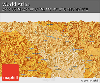 Political 3D Map of the Area around 25° 22' 6" N, 118° 13' 29" E