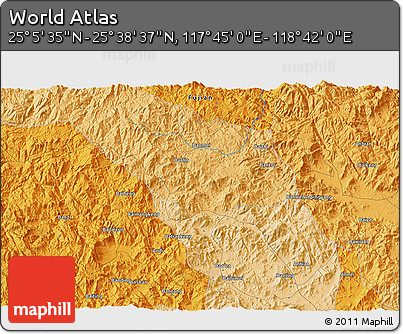 Political 3D Map of the Area around 25° 22' 6" N, 118° 13' 29" E