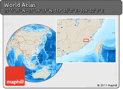 Shaded Relief Location Map of the Area around 25° 22' 6" N, 118° 13' 29" E