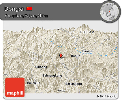 Shaded Relief Panoramic Map of Dongxi