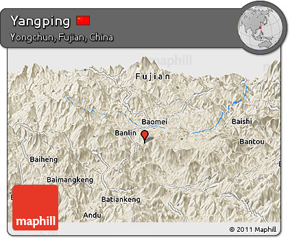 Shaded Relief Panoramic Map of Yangping