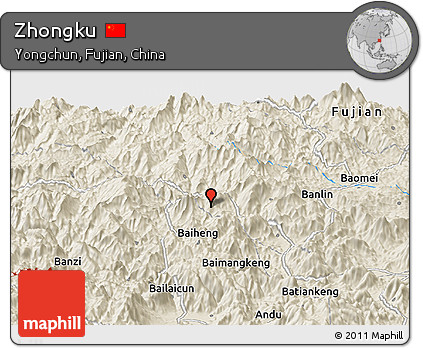 Shaded Relief Panoramic Map of Zhongku