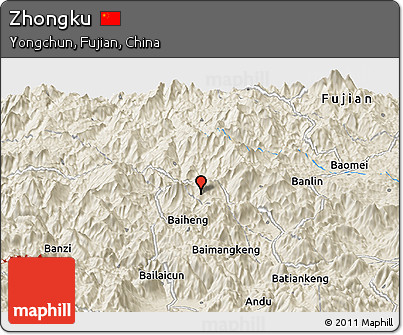 Shaded Relief Panoramic Map of Zhongku