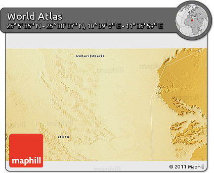 Physical 3D Map of the Area around 25° 22' 6" N, 11° 7' 30" E