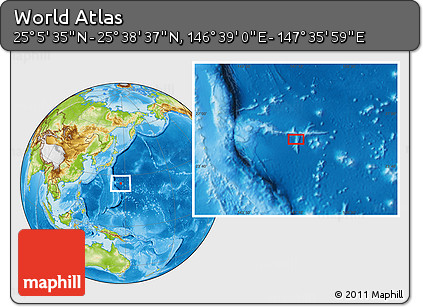 Physical Location Map of the Area around 25° 22' 6" N, 147° 7' 30" E