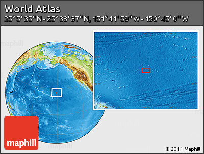 Physical Location Map of the Area around 25° 22' 6" N, 151° 13' 29" W