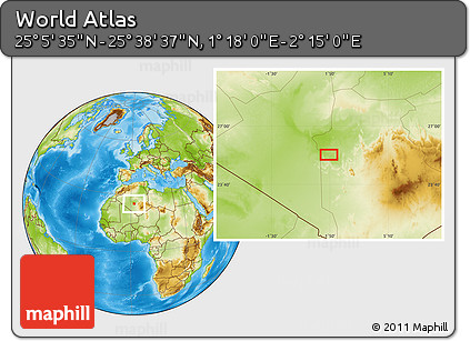 Physical Location Map of the Area around 25° 22' 6" N, 1° 46' 29" E