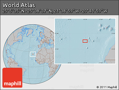 Gray Location Map of the Area around 25° 22' 6" N, 21° 10' 29" W, hill shading