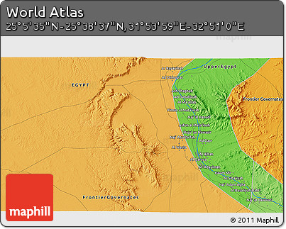 Political 3D Map of the Area around 25° 22' 6" N, 32° 22' 30" E