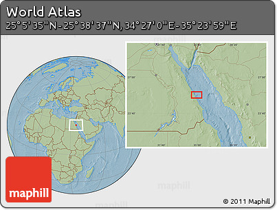 Savanna Style Location Map of the Area around 25° 22' 6" N, 34° 55' 29" E, hill shading