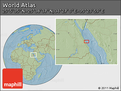 Savanna Style Location Map of the Area around 25° 22' 6" N, 34° 55' 29" E, hill shading