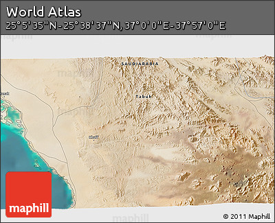 Satellite 3D Map of the Area around 25° 22' 6" N, 37° 28' 30" E
