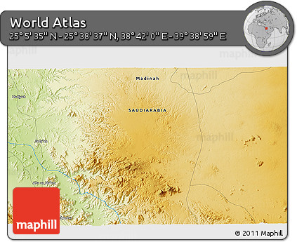 Physical 3D Map of the Area around 25° 22' 6" N, 39° 10' 29" E