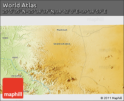 Physical 3D Map of the Area around 25° 22' 6" N, 39° 10' 29" E