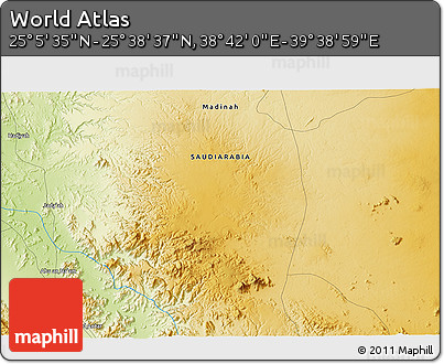 Physical 3D Map of the Area around 25° 22' 6" N, 39° 10' 29" E