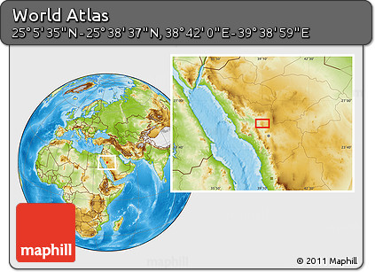 Physical Location Map of the Area around 25° 22' 6" N, 39° 10' 29" E