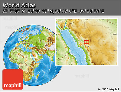 Physical Location Map of the Area around 25° 22' 6" N, 39° 10' 29" E