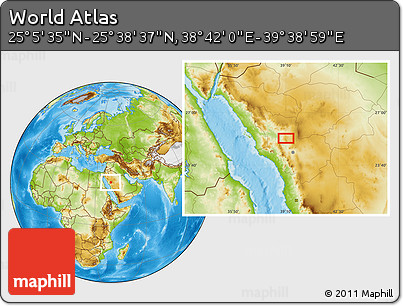 Physical Location Map of the Area around 25° 22' 6" N, 39° 10' 29" E