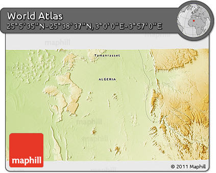 Physical 3D Map of the Area around 25° 22' 6" N, 3° 28' 30" E