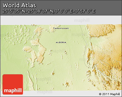 Physical 3D Map of the Area around 25° 22' 6" N, 3° 28' 30" E