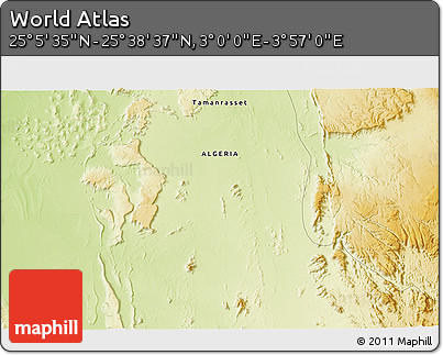 Physical 3D Map of the Area around 25° 22' 6" N, 3° 28' 30" E