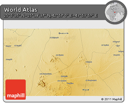 Physical 3D Map of the Area around 25° 22' 6" N, 43° 25' 29" E