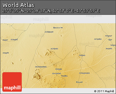 Physical 3D Map of the Area around 25° 22' 6" N, 43° 25' 29" E