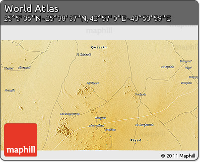 Physical 3D Map of the Area around 25° 22' 6" N, 43° 25' 29" E