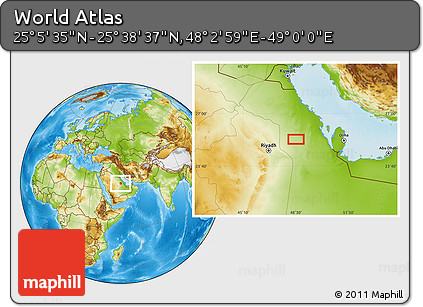 Physical Location Map of the Area around 25° 22' 6" N, 48° 31' 29" E