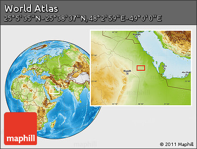 Physical Location Map of the Area around 25° 22' 6" N, 48° 31' 29" E