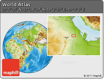 Physical Location Map of the Area around 25° 22' 6" N, 48° 31' 29" E