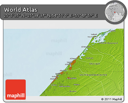 Physical 3D Map of the Area around 25° 22' 6" N, 55° 19' 30" E