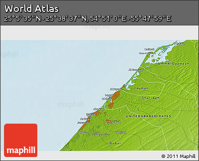 Physical 3D Map of the Area around 25° 22' 6" N, 55° 19' 30" E