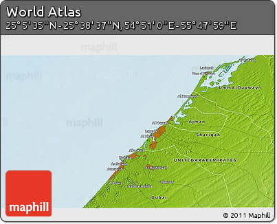 Physical 3D Map of the Area around 25° 22' 6" N, 55° 19' 30" E