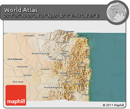 Satellite 3D Map of the Area around 25° 22' 6" N, 56° 10' 29" E