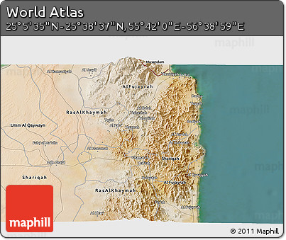Satellite 3D Map of the Area around 25° 22' 6" N, 56° 10' 29" E