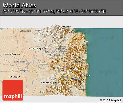 Satellite 3D Map of the Area around 25° 22' 6" N, 56° 10' 29" E