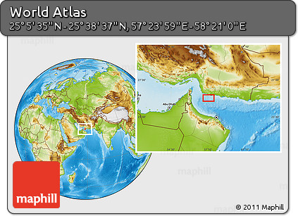 Physical Location Map of the Area around 25° 22' 6" N, 57° 52' 30" E