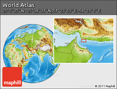 Physical Location Map of the Area around 25° 22' 6" N, 57° 52' 30" E